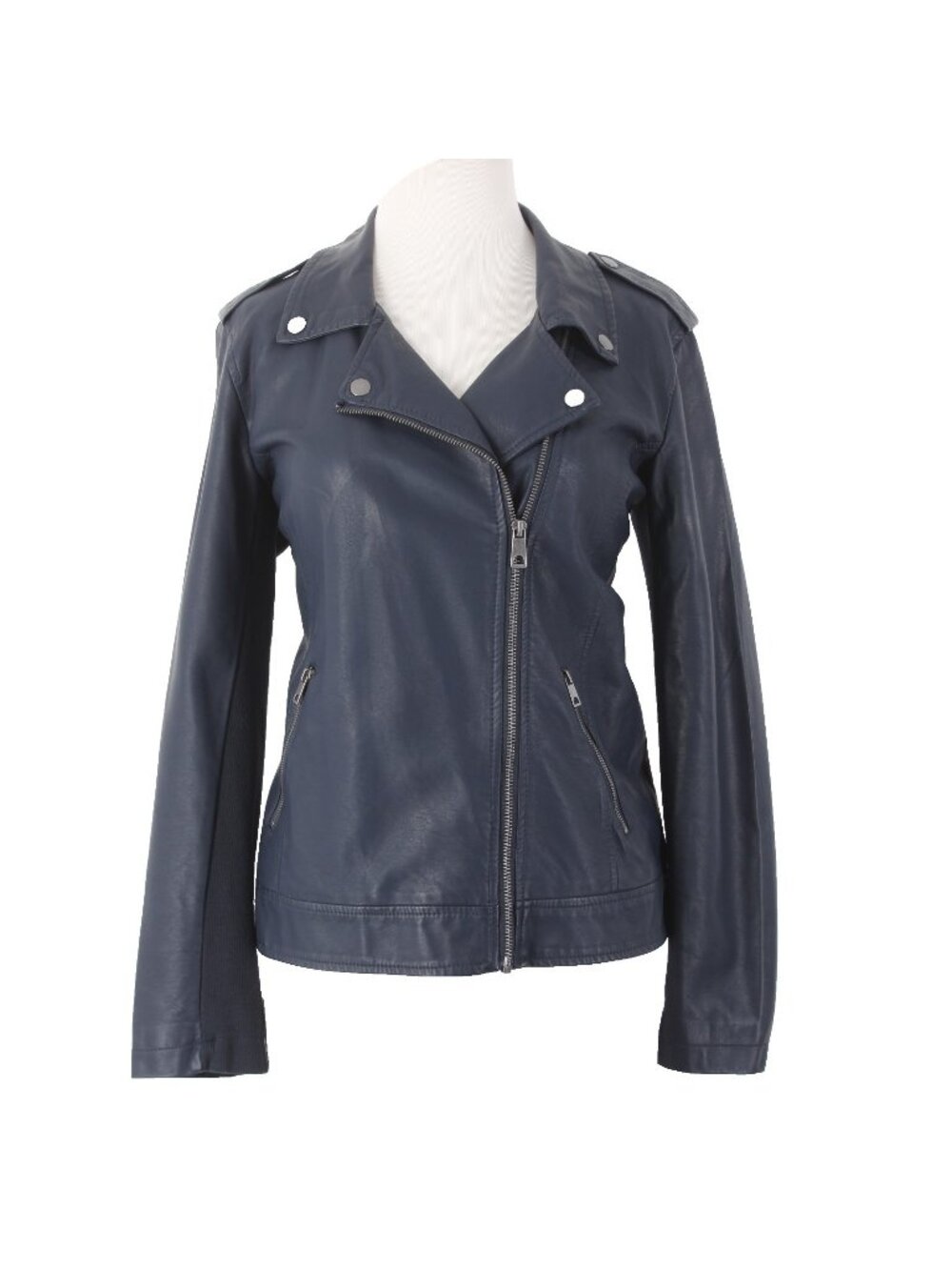 Style Co Jacket $90 Sz S Industrial Blue Collared Pockets Faux Leather Polyester